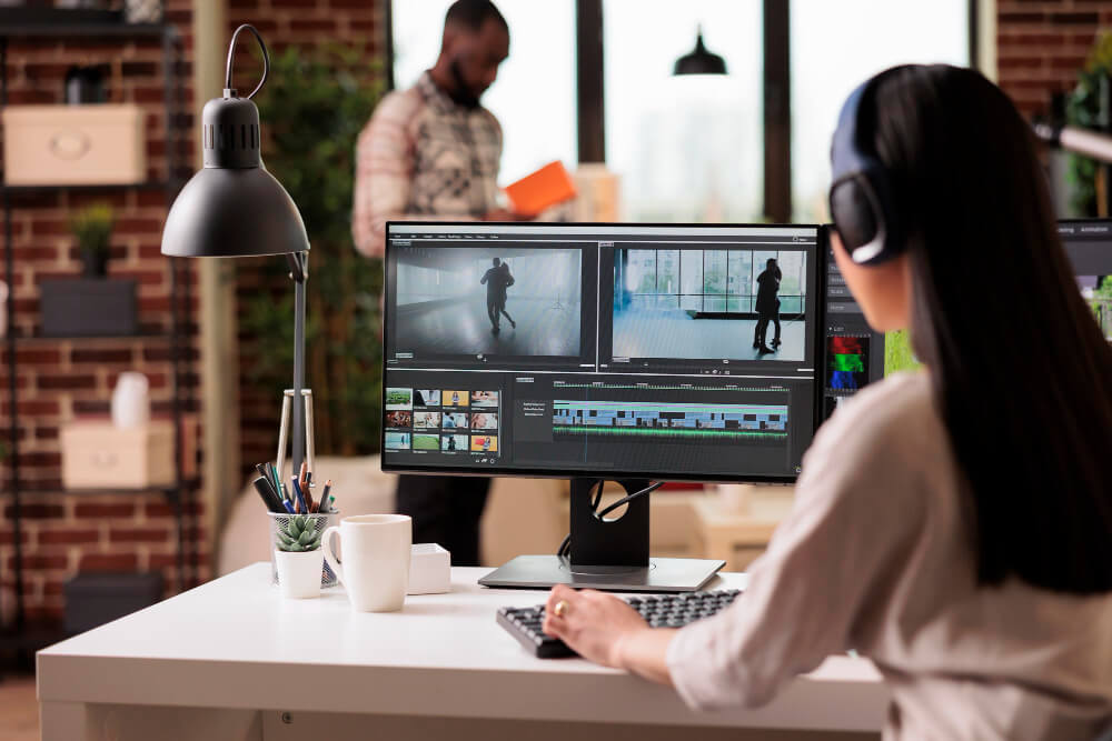 movie editor looking at a screen with film footage
